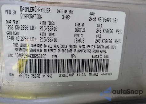 2003 Dodge Caravan Se from USA, damaged, VIN 1D4GP25R43B256165